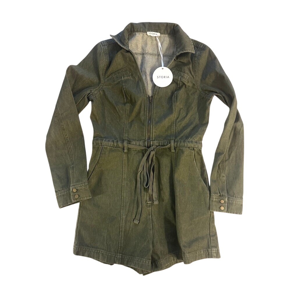 Storia Fighter Pilot Olive Green Long Sleeve Zip Up Utility Romper Size Medium